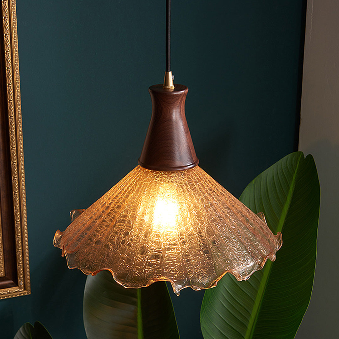Brass Pendant Lighting Fixtures American Vintage Walnut Wood Cracked Glass Bedroom Light