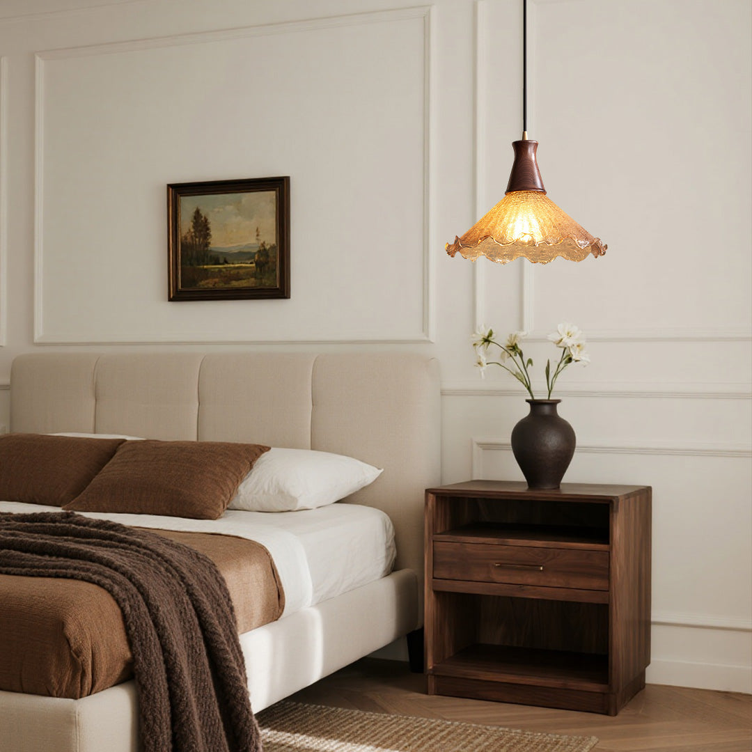 Brass Pendant Lighting Fixtures American Vintage Walnut Wood Cracked Glass Bedroom Light