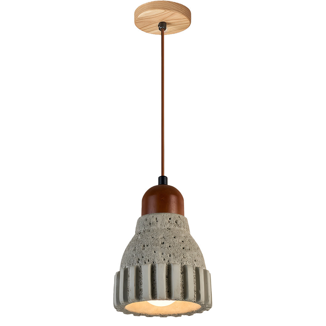 A wood pendant lighting suspended from the ceiling, offering a modern yet rustic charm.