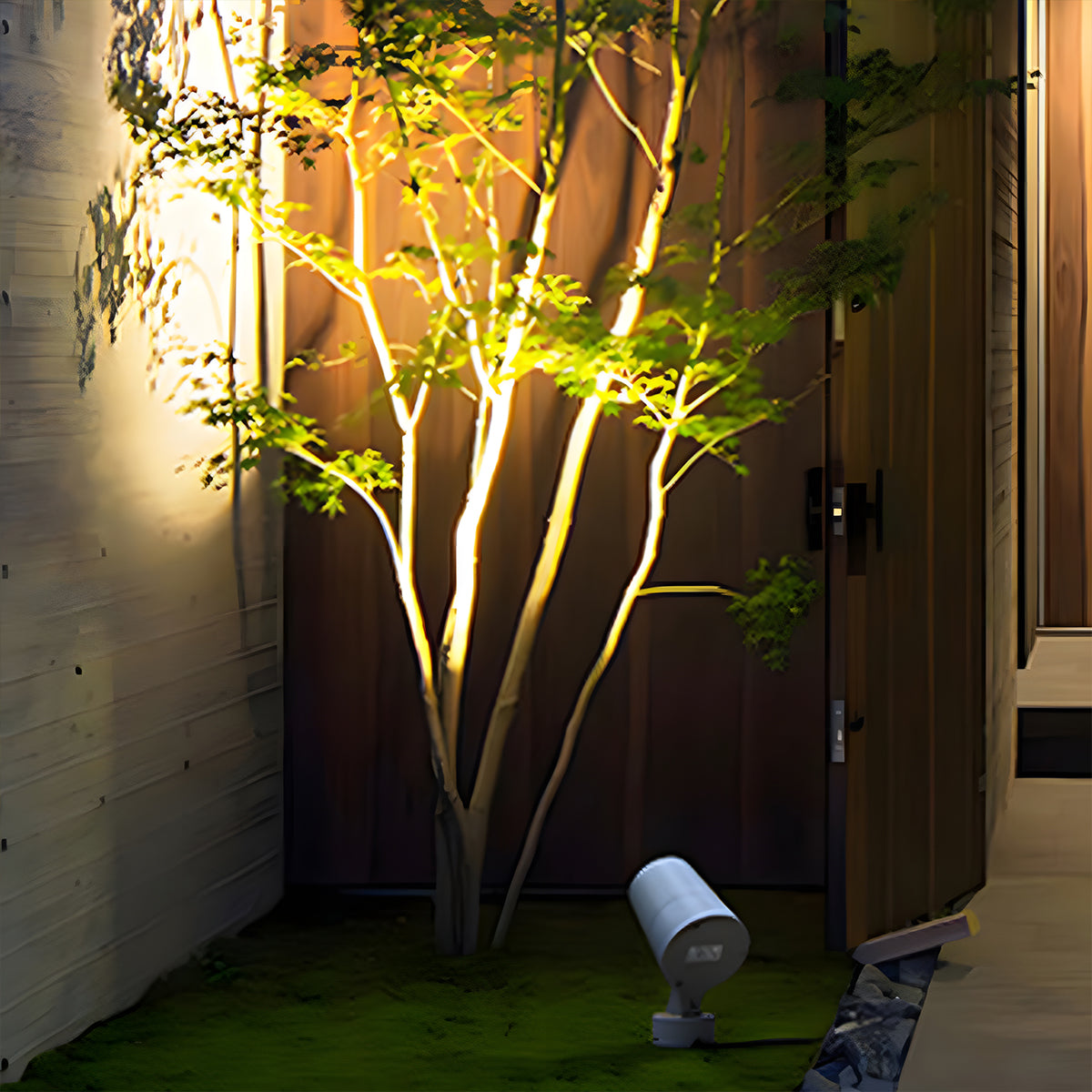 Minimalist white outdoor light fixture with curved mounting bracket and clean geometric design