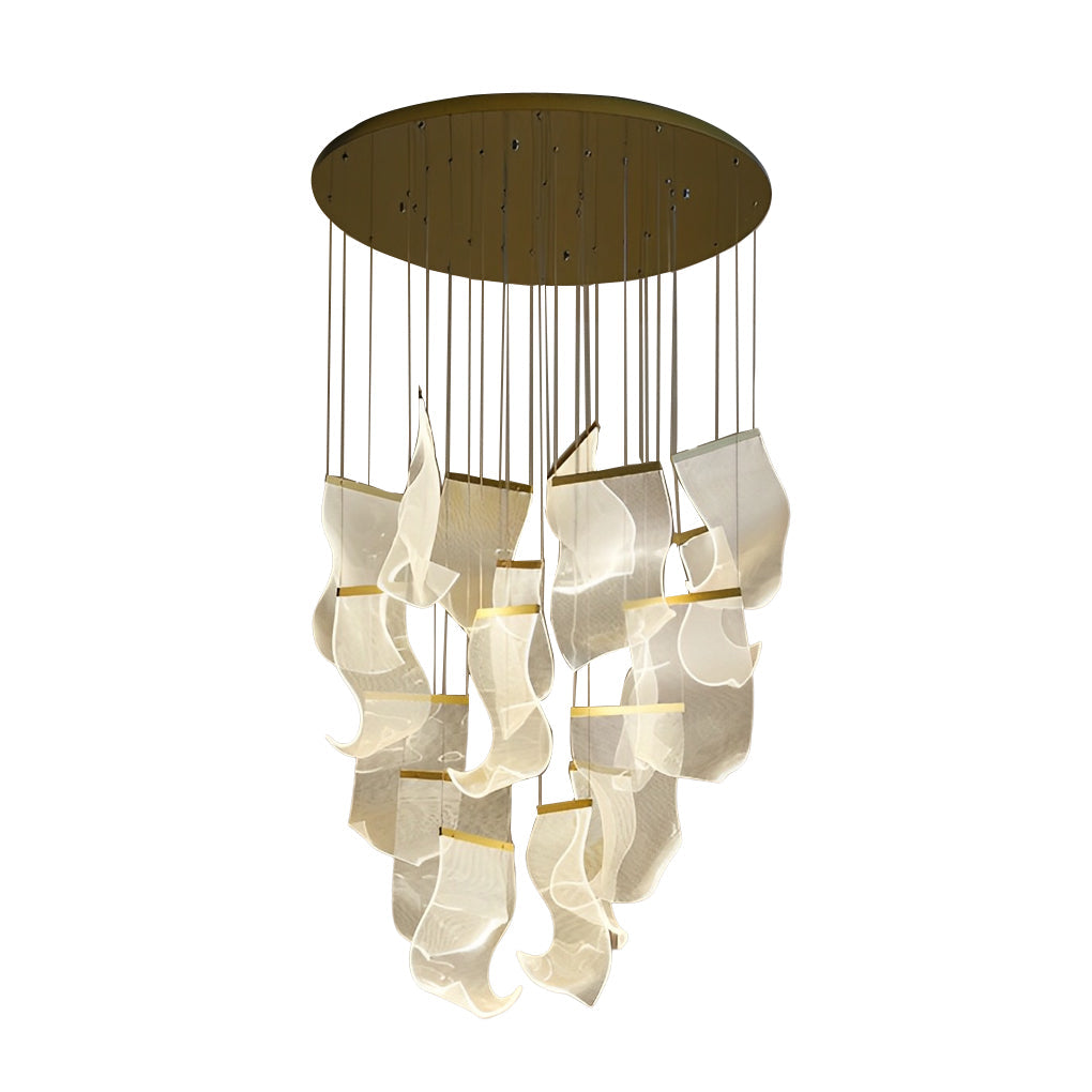 Acrylic chandeliers with a detailed view of their acrylic petals and structure.