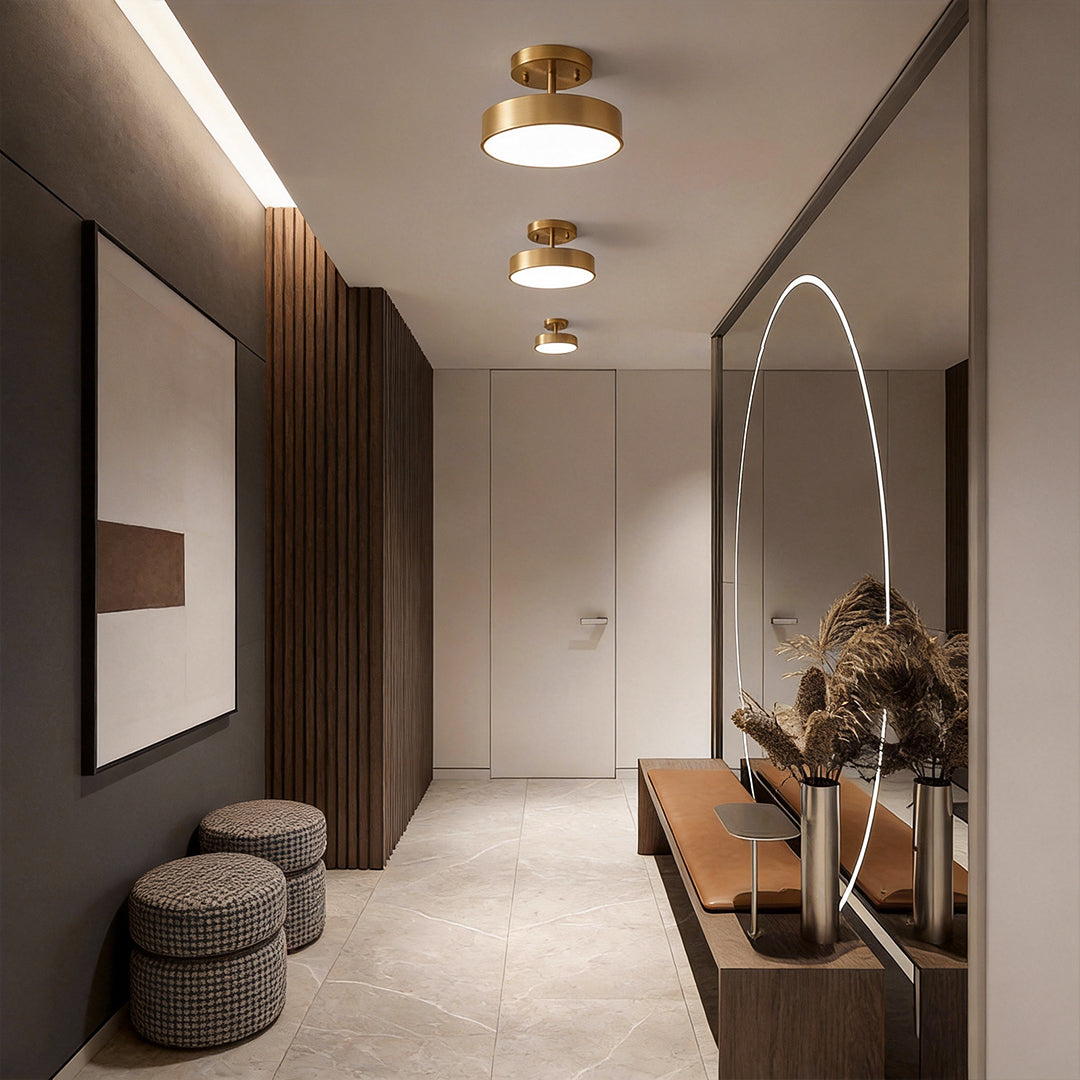 Modern adjustable LED ceiling lights illuminating a minimalist corridor interior.