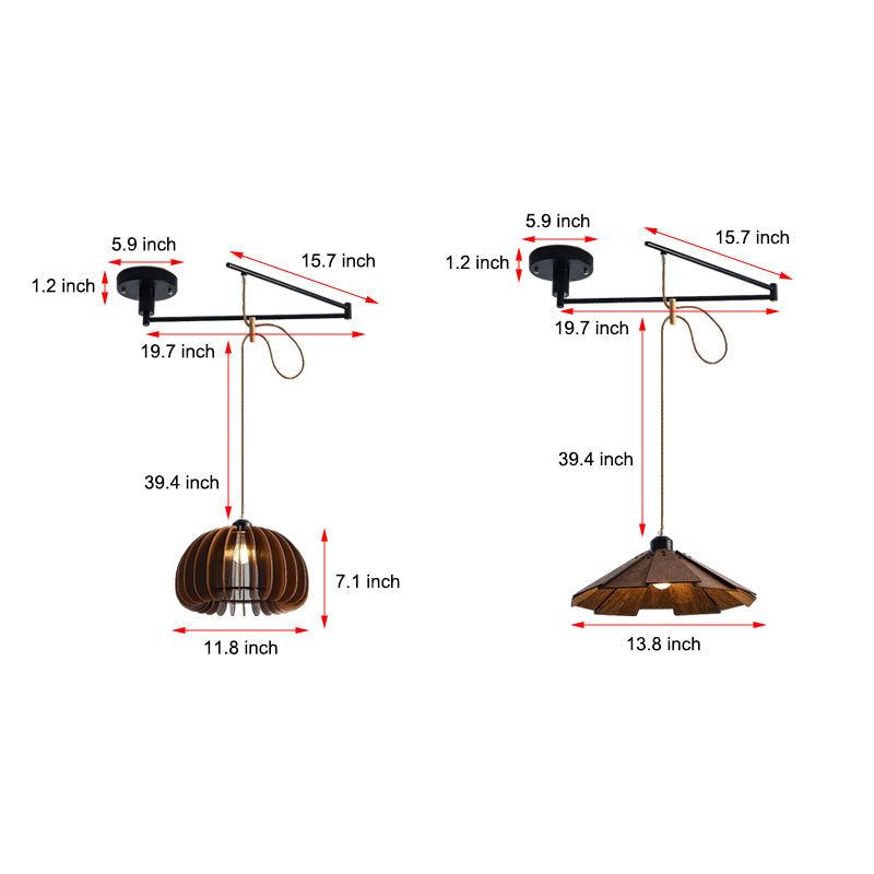 Adjustable pendant light fixture showing arm length and hanging dimensions