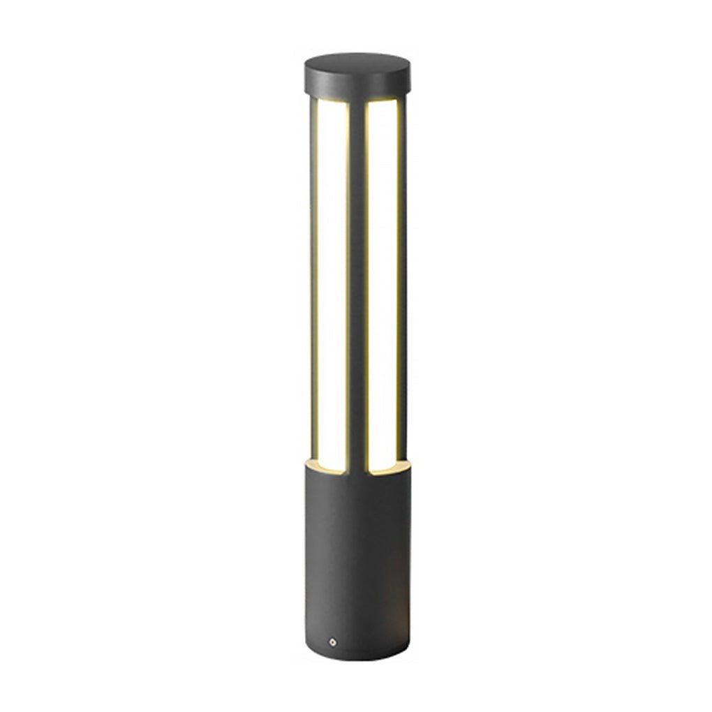 Residential bollard lights LED black outdoor landscape light highlights pathways, gardens, and exterior architectural features.