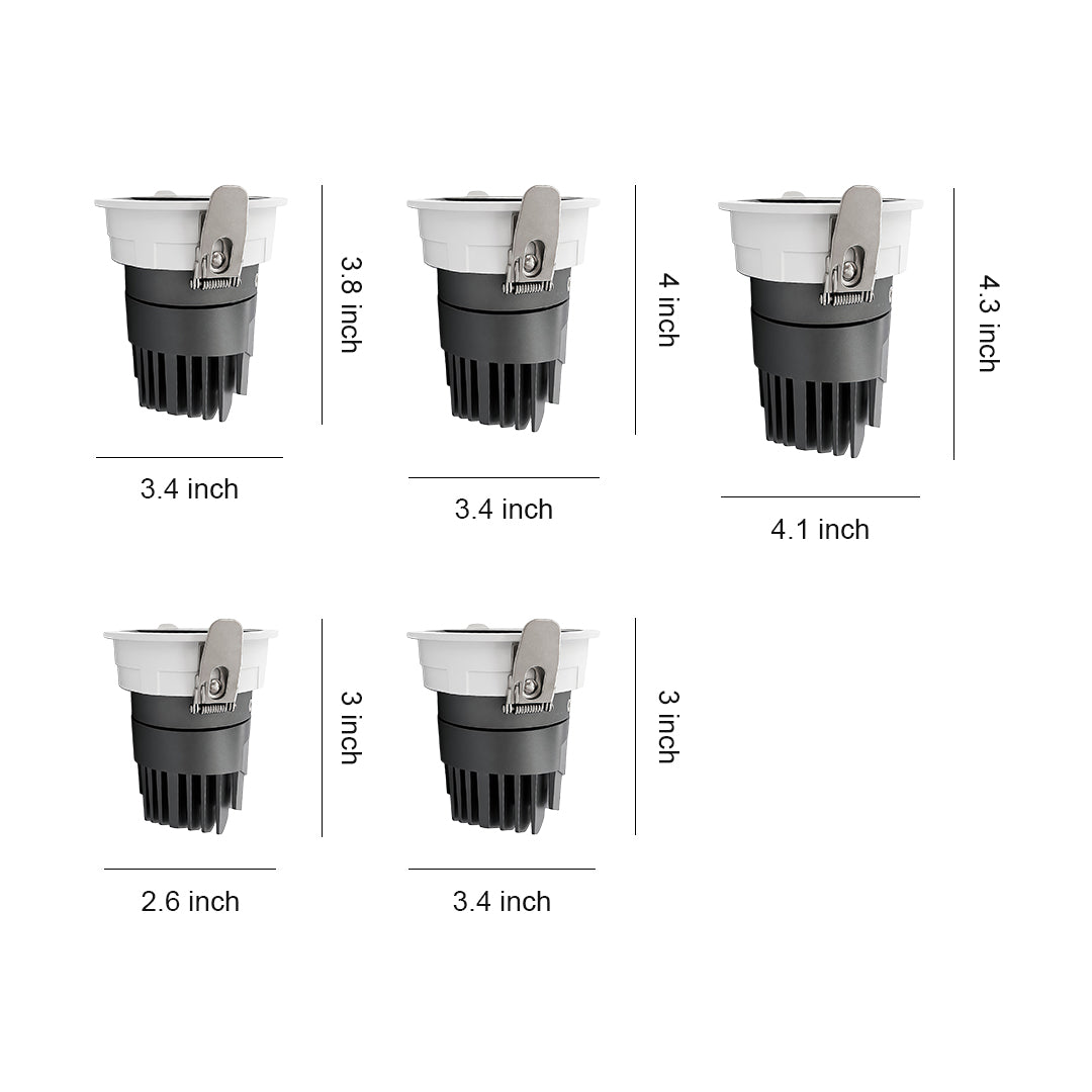 Adjustable spotlights with white trim ring and black interior, featuring deep reflector design for directional accent lighting.