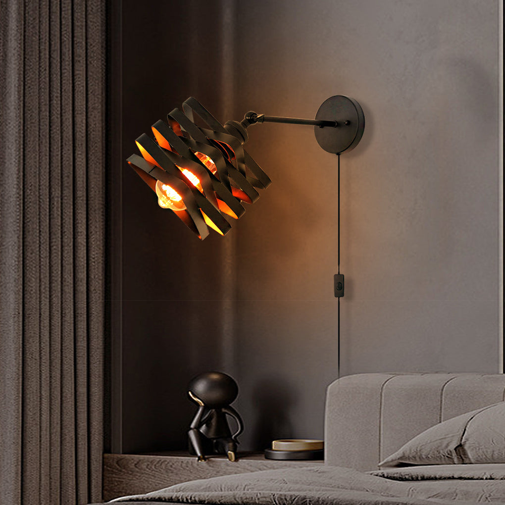 Adjustable wall mount lights with plug, featuring a black metal frame and warm light, mounted near a bedside table.