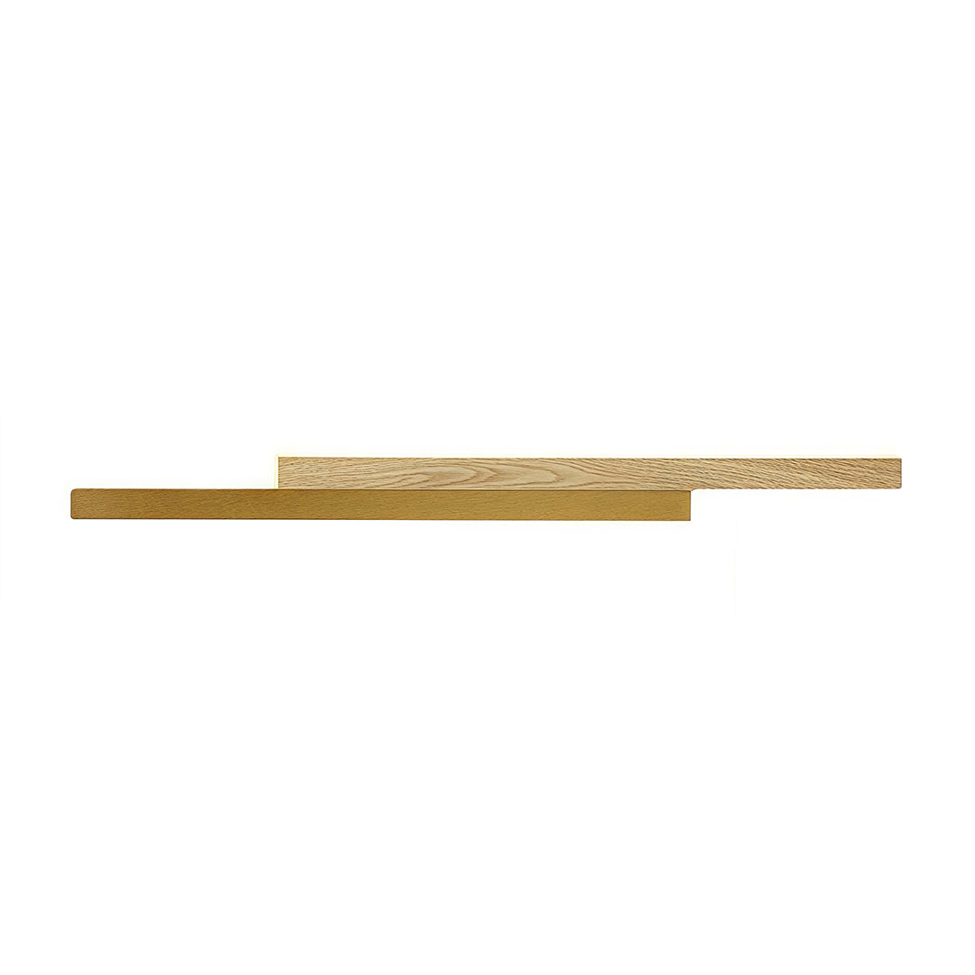 Alternative close-up of the linear led wall light showing the thin gold metal strip overlapping the wood panel edge.