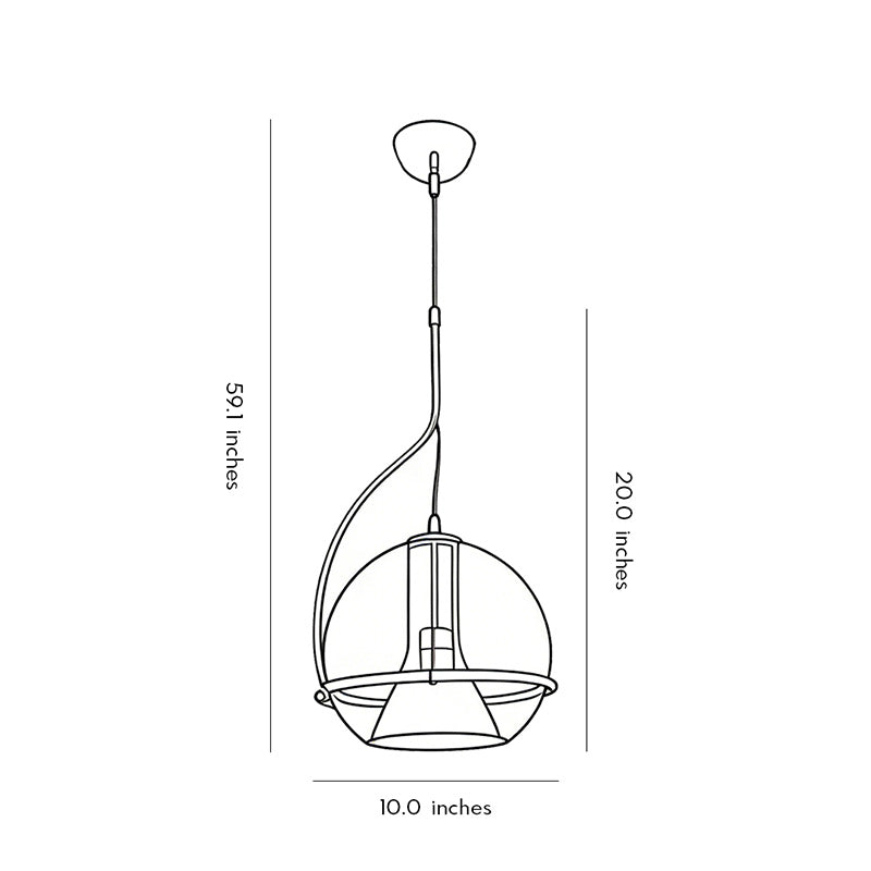 Amber glass globe pendant light dimension diagram illustrating height, width, and hanging measurements.