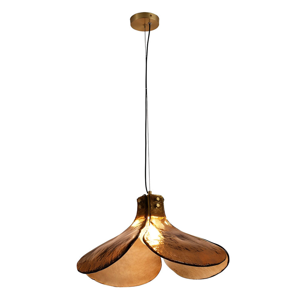 Amber glass pendant light dimensions, front view with size specifications.