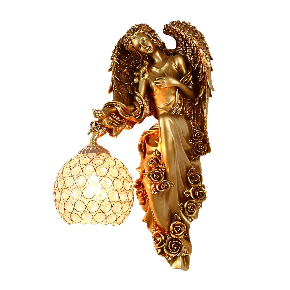 Side angle of angel wall sconce displaying sculpted angel body and hanging crystal globe.