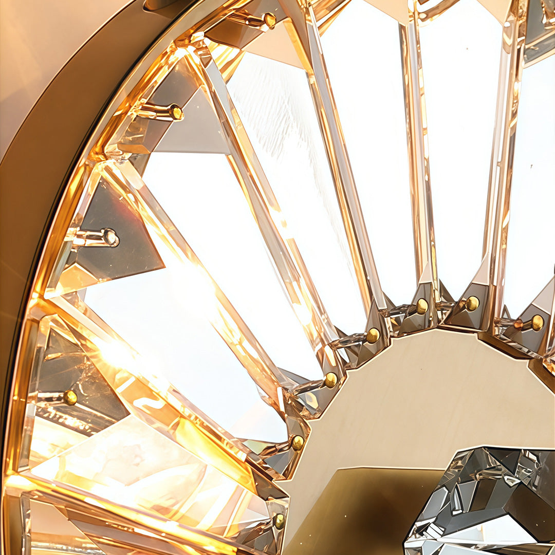 Crystal light wall sconce in gold starburst design adds elegant sparkle and modern luxury to living rooms, bedrooms, and hallways.