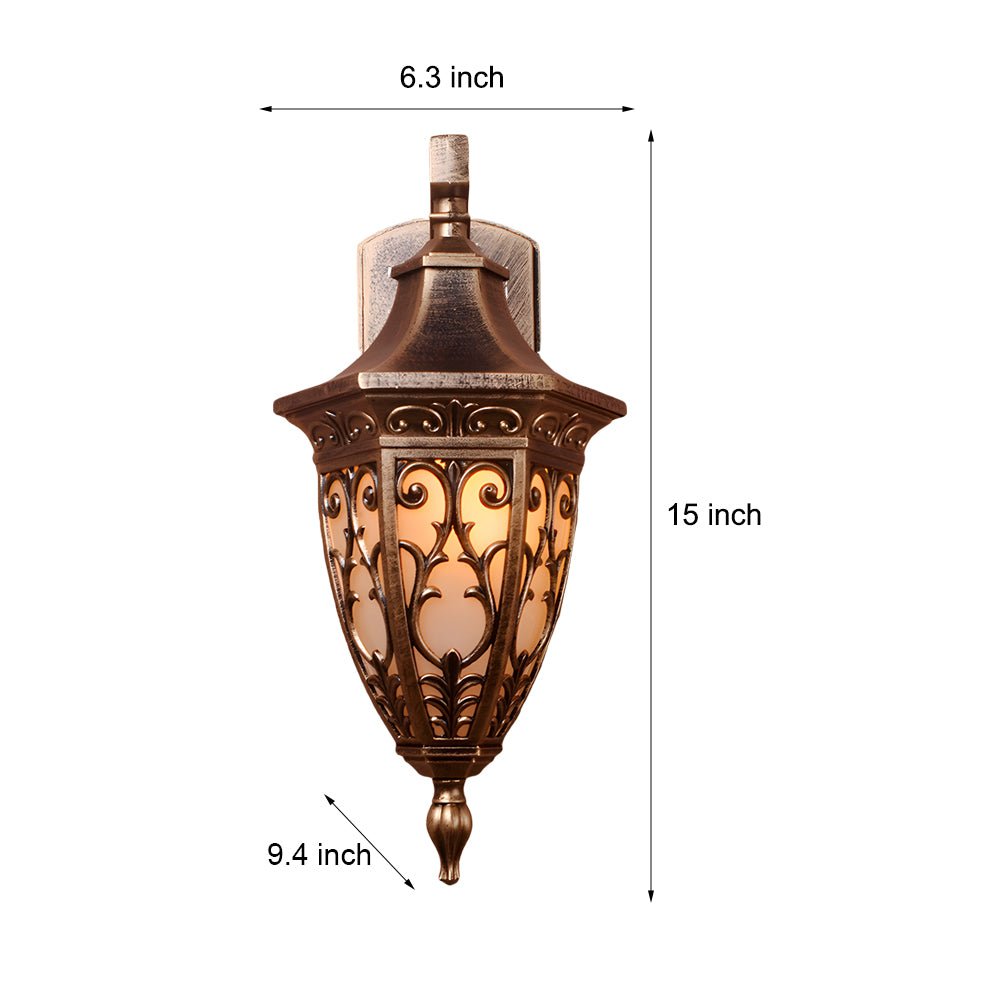 Antique art deco wall sconces with dimensions highlighted, featuring bronze finish and classic design for outdoor use.