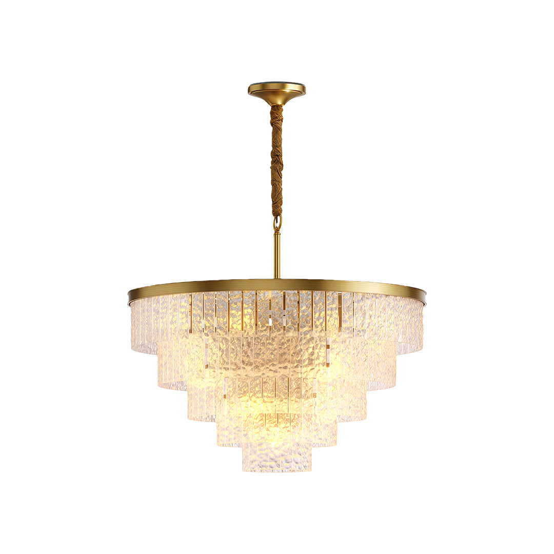 Round modern forms chandelier with antique brass and dense tiered crystal configuration.