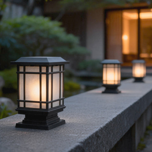 Antique cast iron street light with a warm glow, enhancing a modern outdoor staircase.