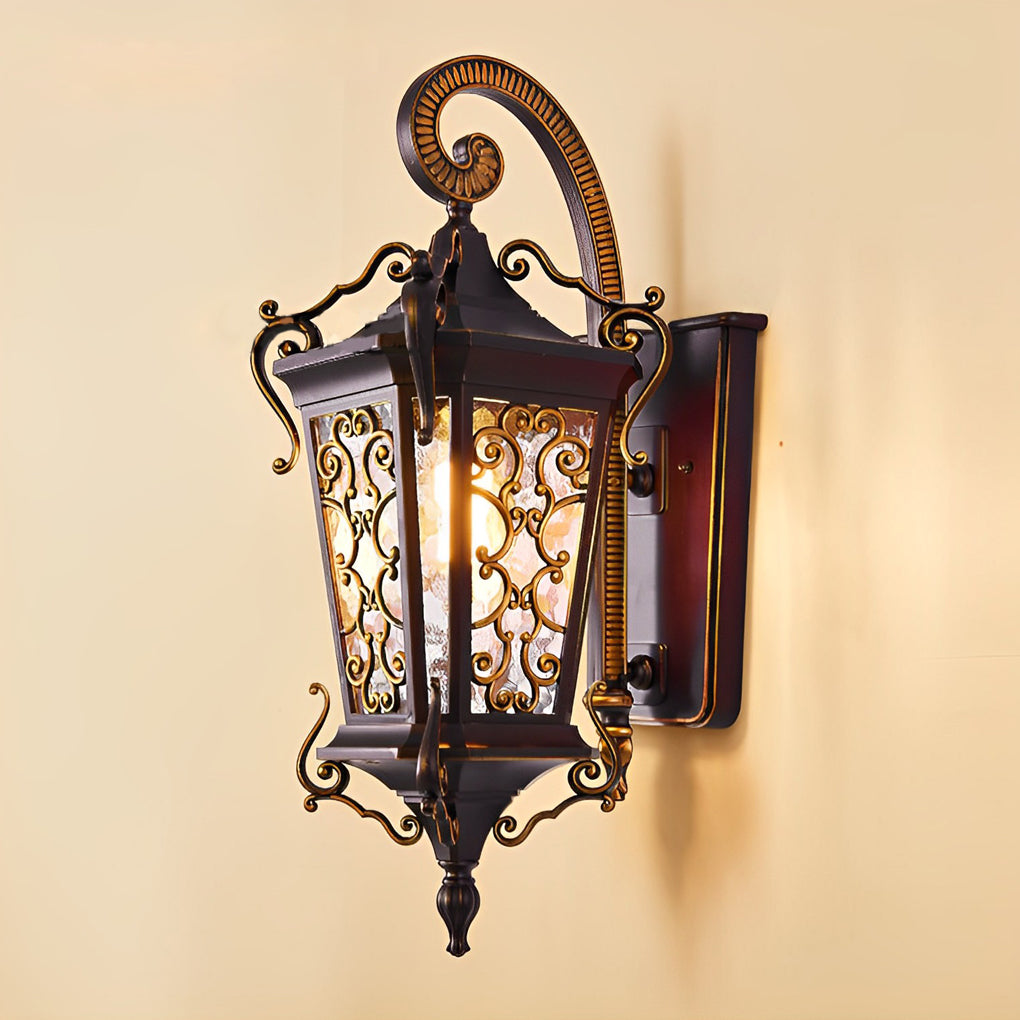 Antique outdoor wall sconce with measurement diagram showing fixture height, width, and mounting depth.