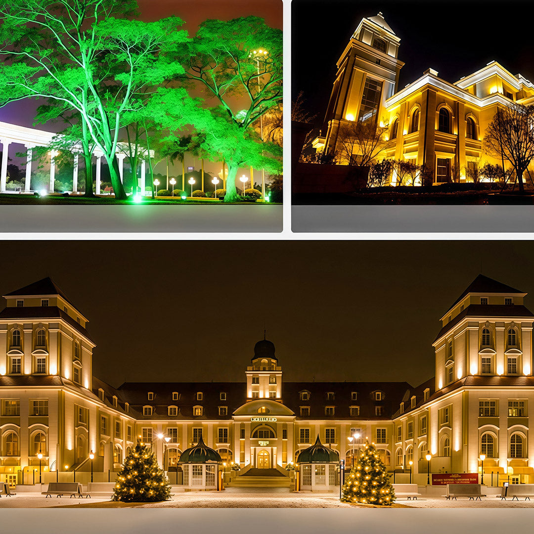 Various applications of architectural flood lights on a historic building in winter and for green landscape lighting.