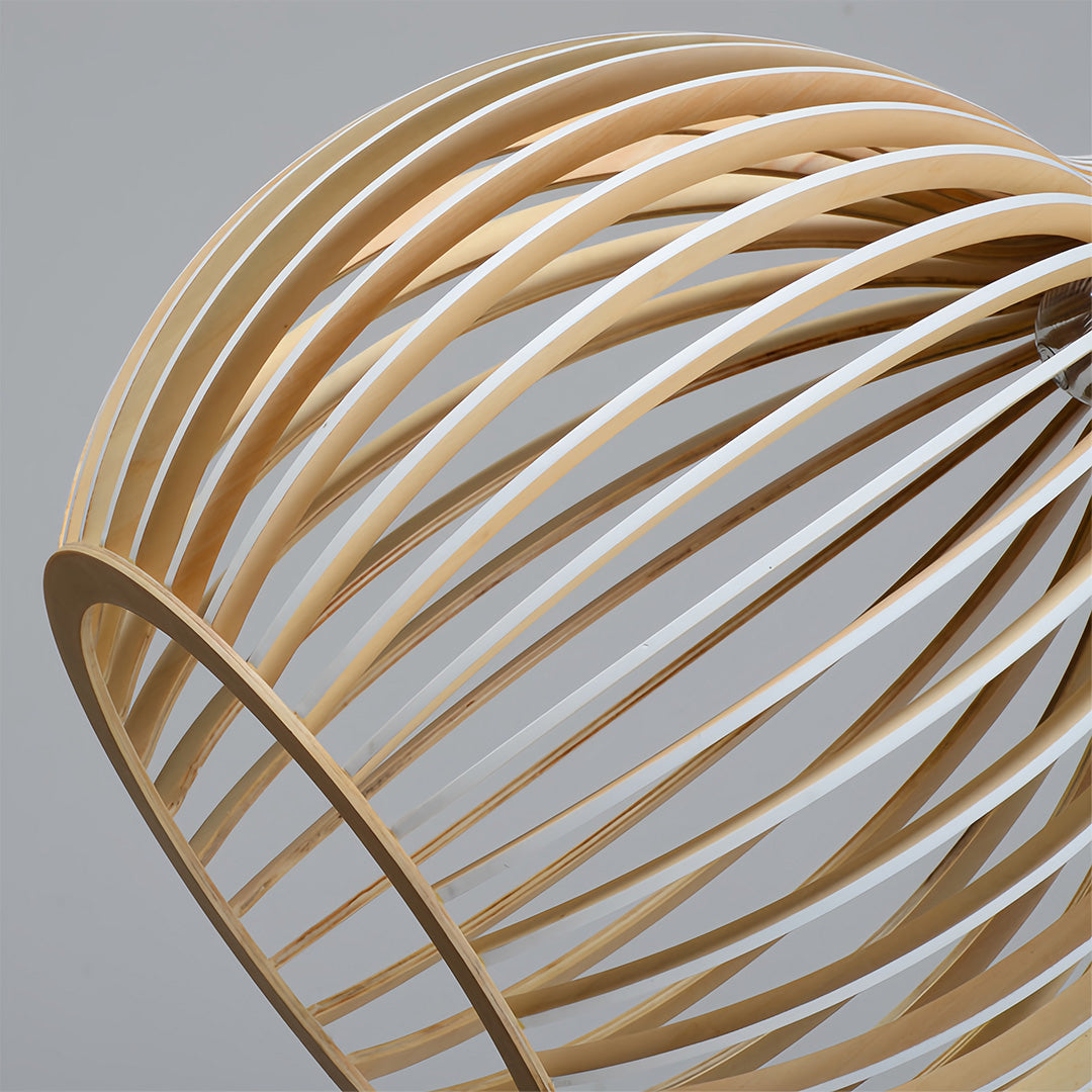 Artistic close-up of wooden bird cage pendant light slats, detailed texture and design