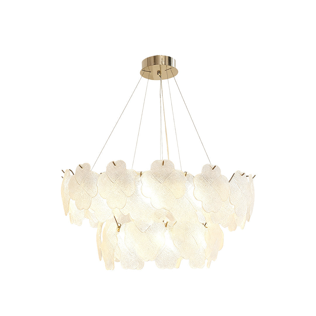 Artistic glass chandeliers with a unique petal design, enhancing the elegance of a contemporary dining area.