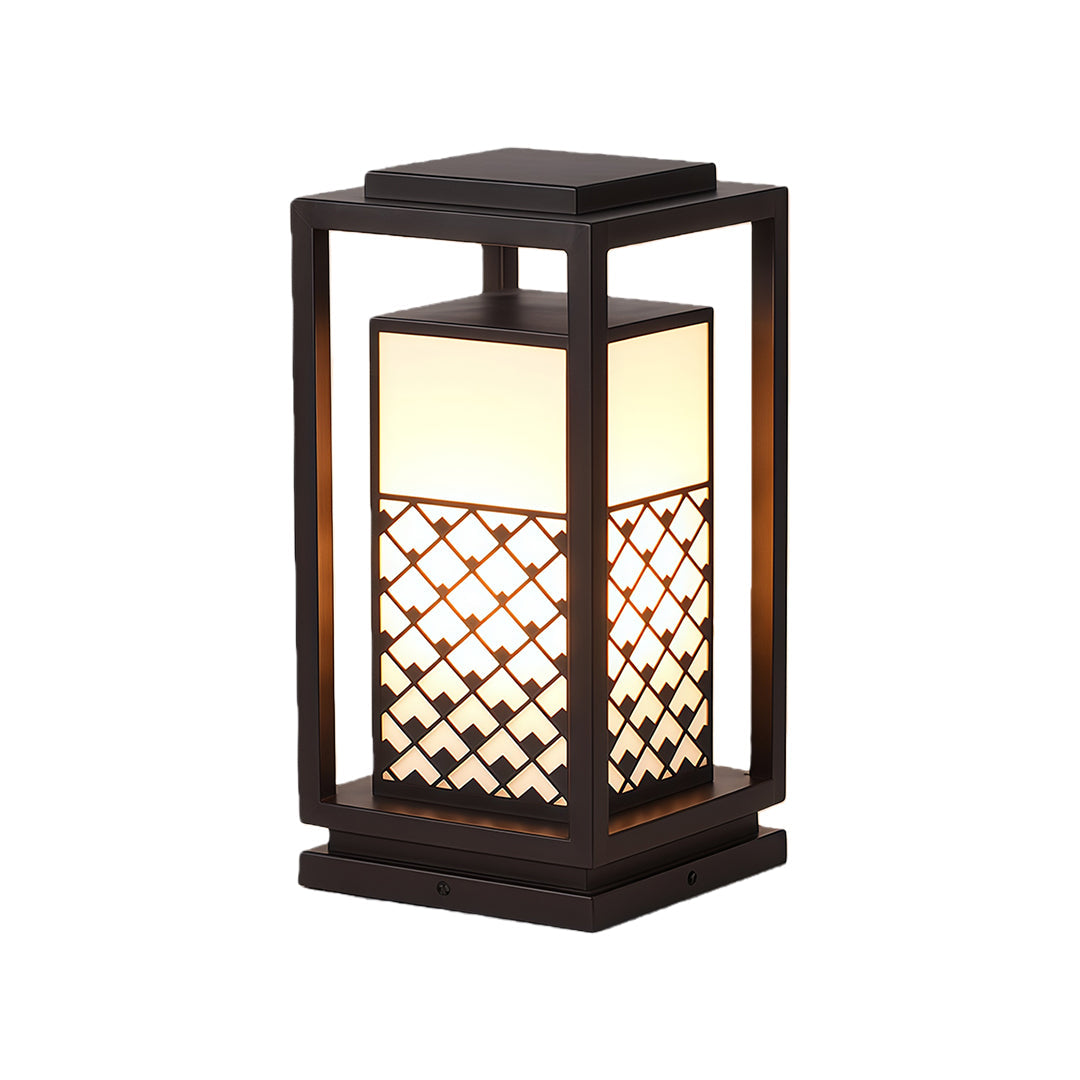 Asian-inspired bollard light fixtures with a dark frame and illuminated lattice-patterned shade.