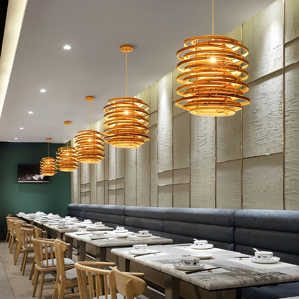 Bamboo pendant lights with a natural finish, enhancing a stylish dining room.