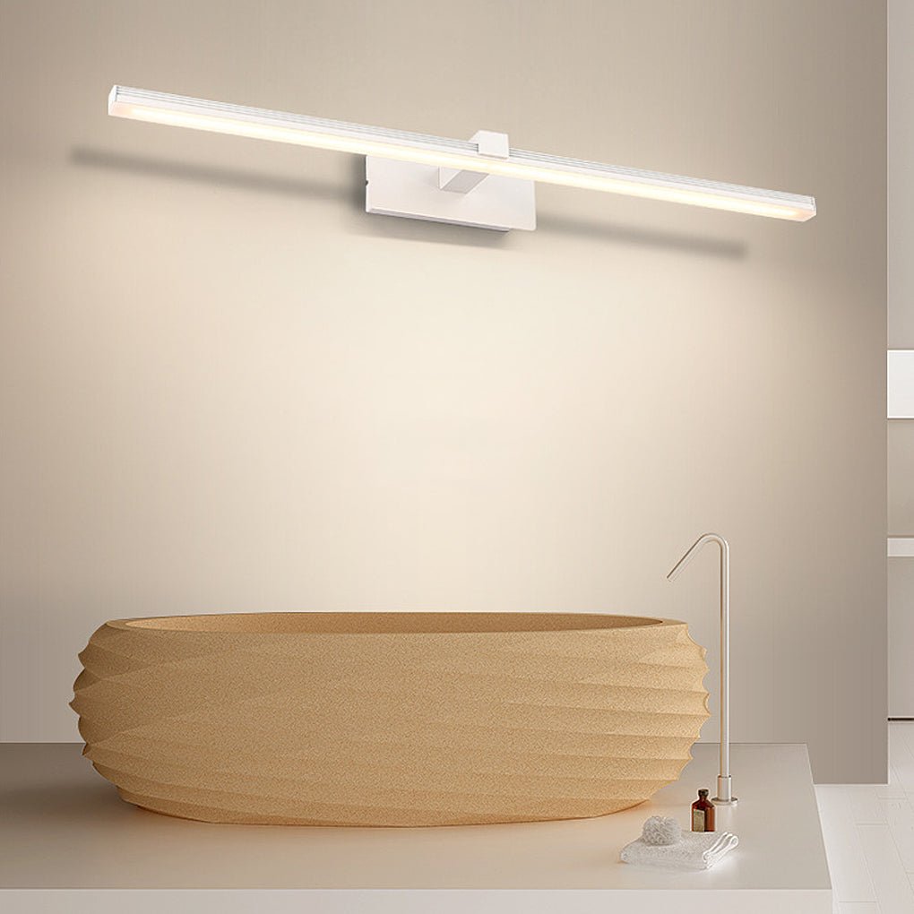 Neutral bathroom space featuring minimalist bathroom lights above vanity and stone countertop.