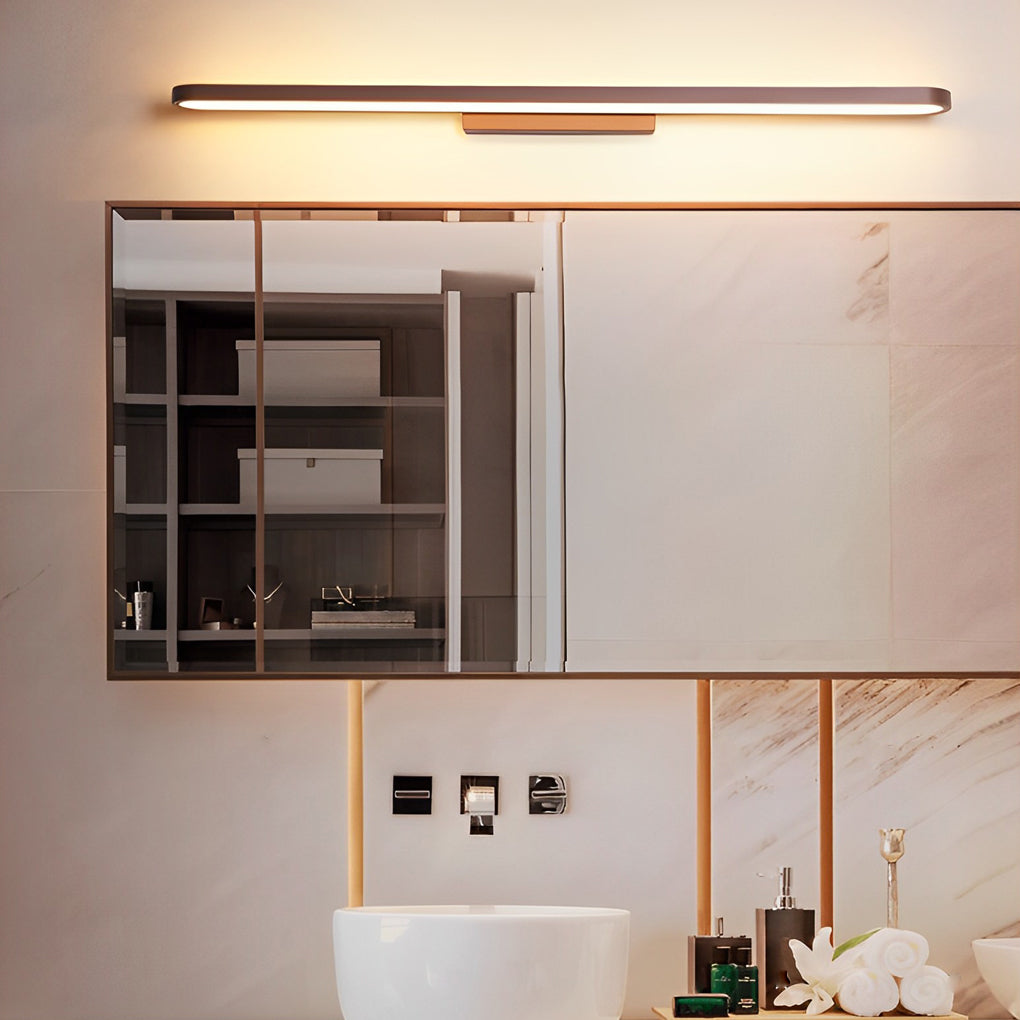 Wall-mounted bathroom vanity bar light providing soft task lighting above sink