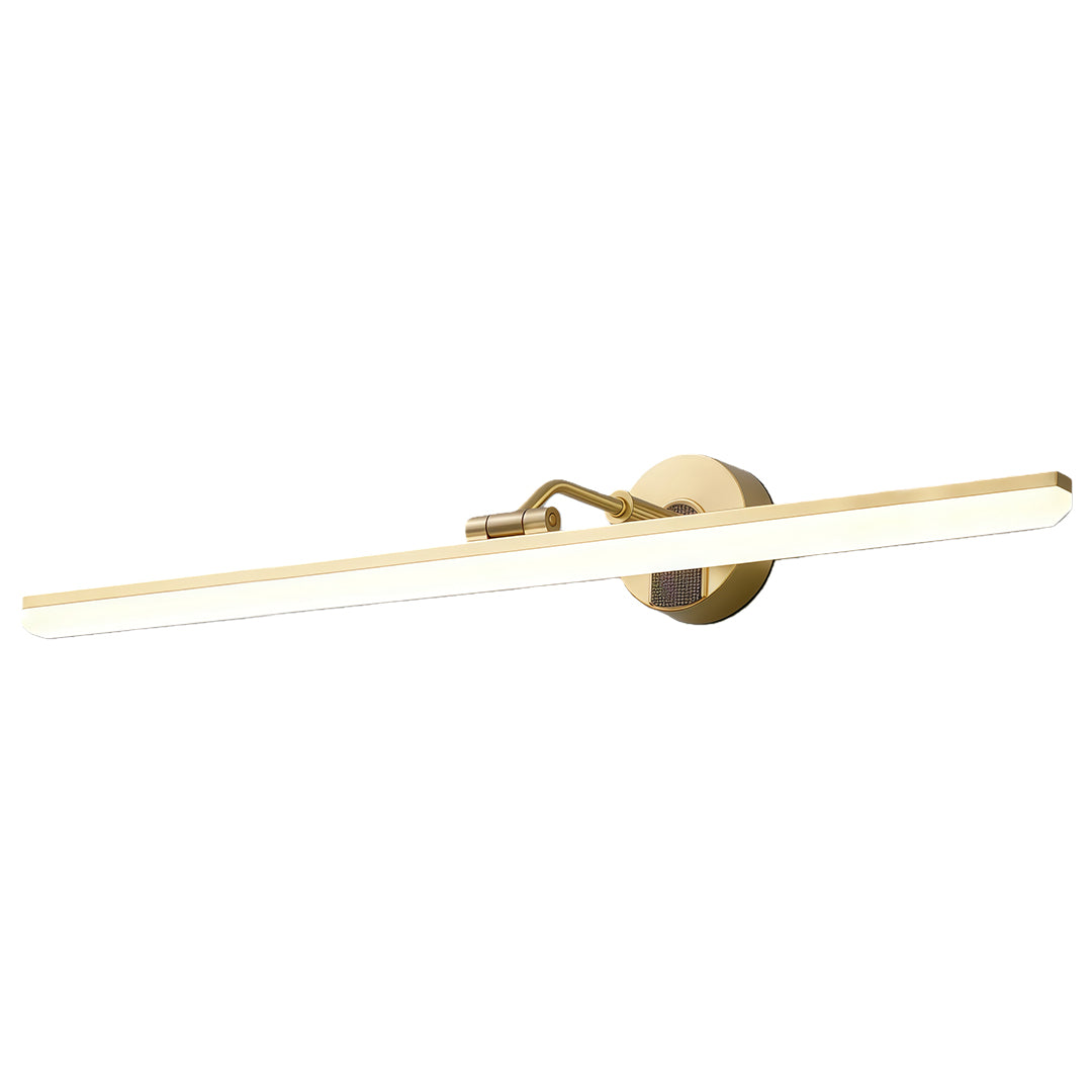 Bathroom vanity LED light with a black and gold design, positioned above a sink for practical lighting.