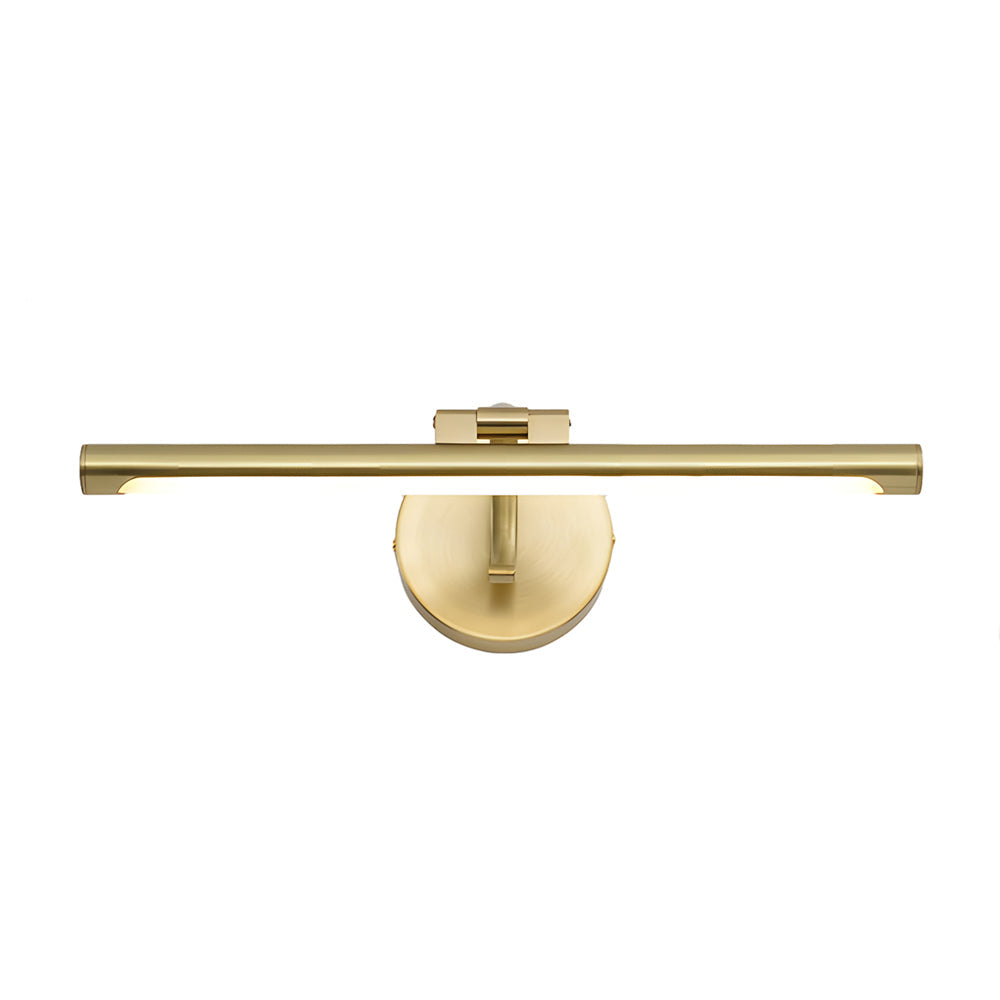 Gold bathroom vanity light with soft illumination, installed above a large bathroom mirror to enhance the lighting in the vanity area.