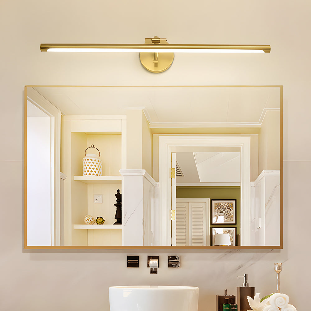 Minimalist black bathroom vanity strip light mounted above a mirror, offering soft and even lighting to enhance the bathroom’s aesthetics.