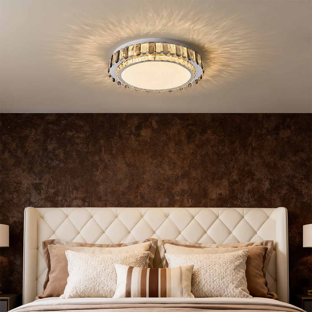 LED light fixtures flush mount in modern bedroom with dark accent wall.