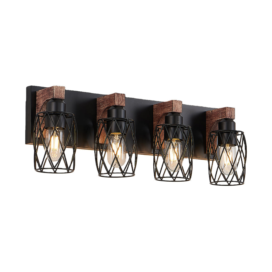 Black vanity bathroom light above a bedroom mirror, blending industrial style with warm lighting.