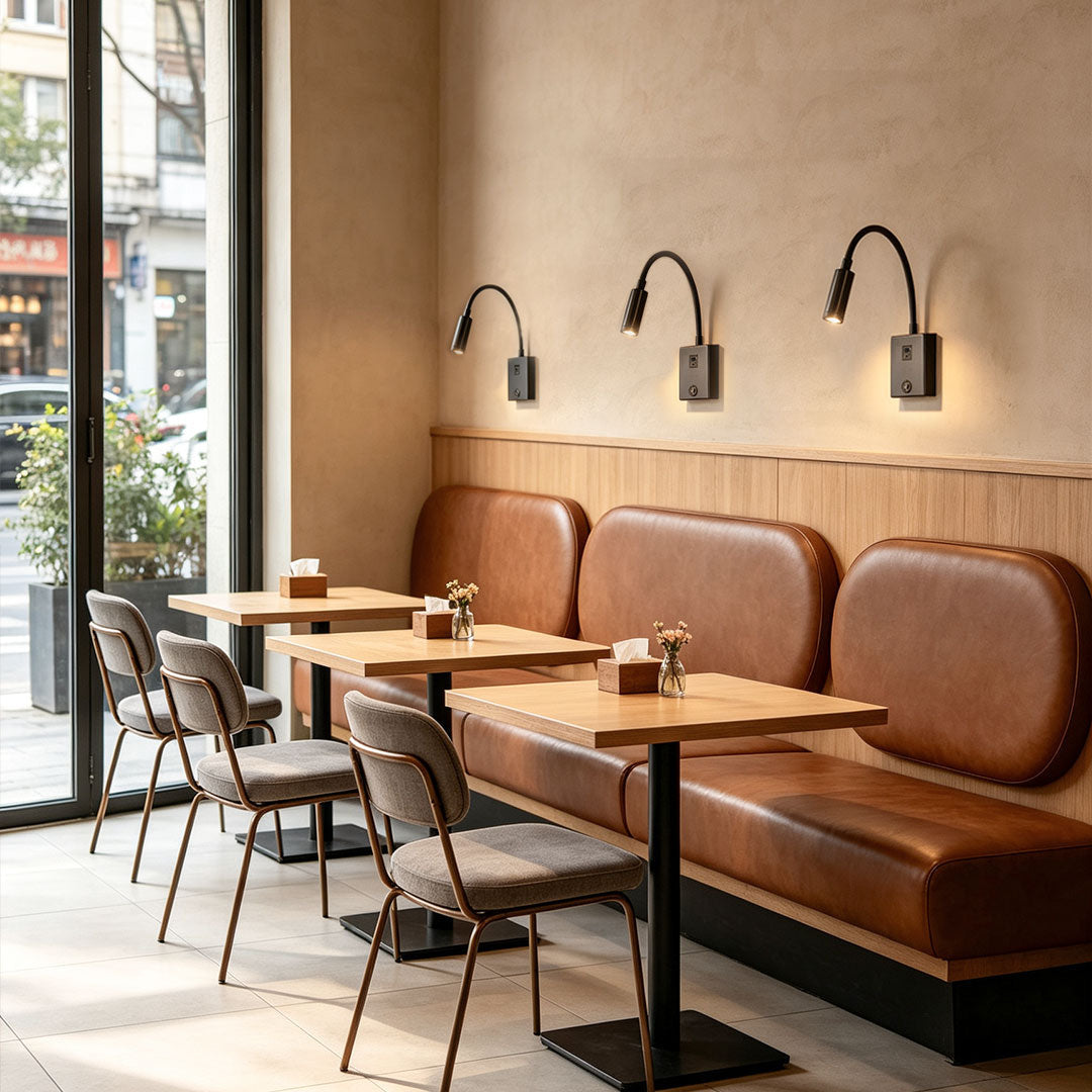Contemporary bedside reading wall lights installed in restaurant seating area with flexible LED spotlights.
