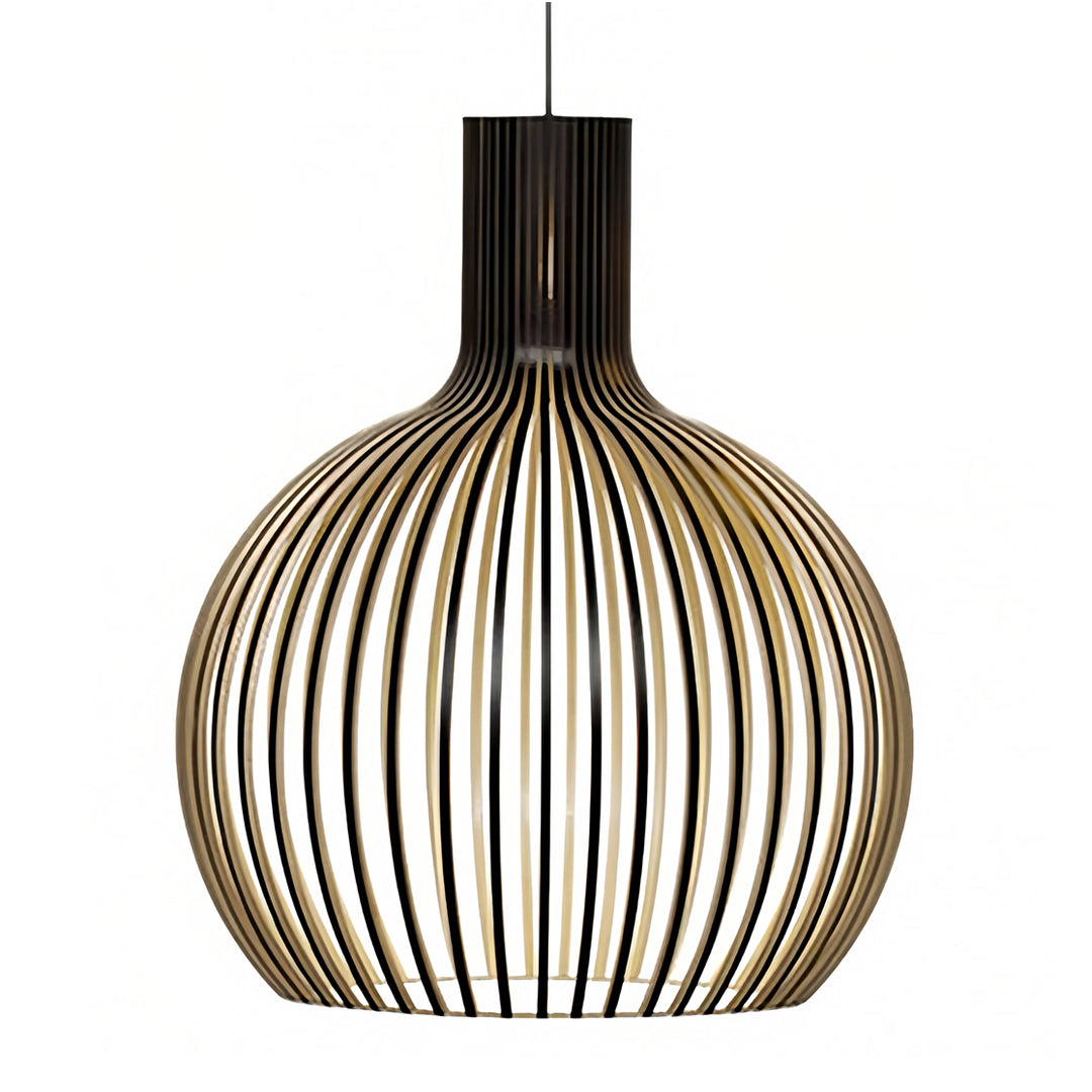 This wooden bird cage pendant light uses Japanese basswood craftsmanship to create a serene ceiling light for dining rooms and living spaces.