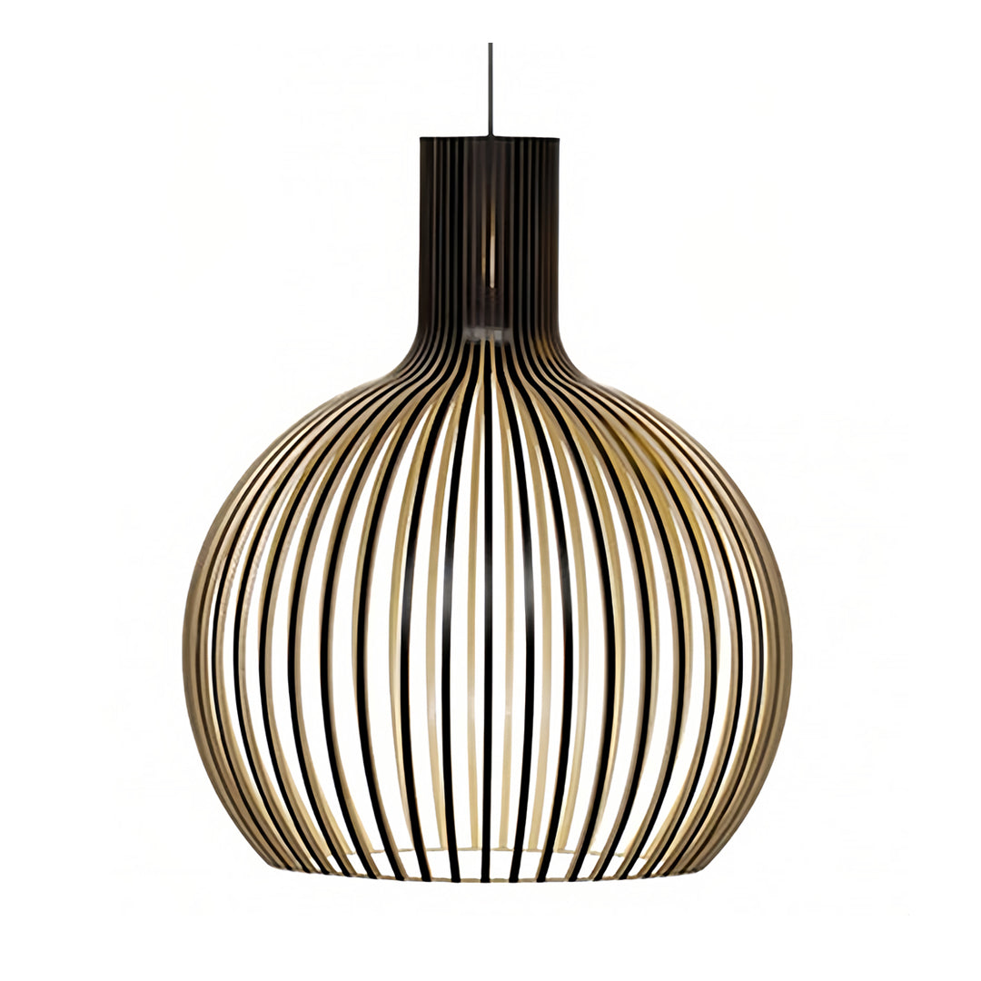 Bird cage pendant light features a Japanese basswood body, offering natural wooden texture and warm lighting for calm, minimalist interiors.