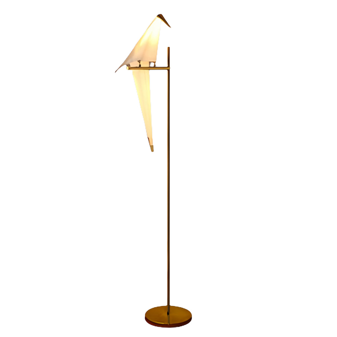 Bird wall light with a close-up of its bird figure and golden base.