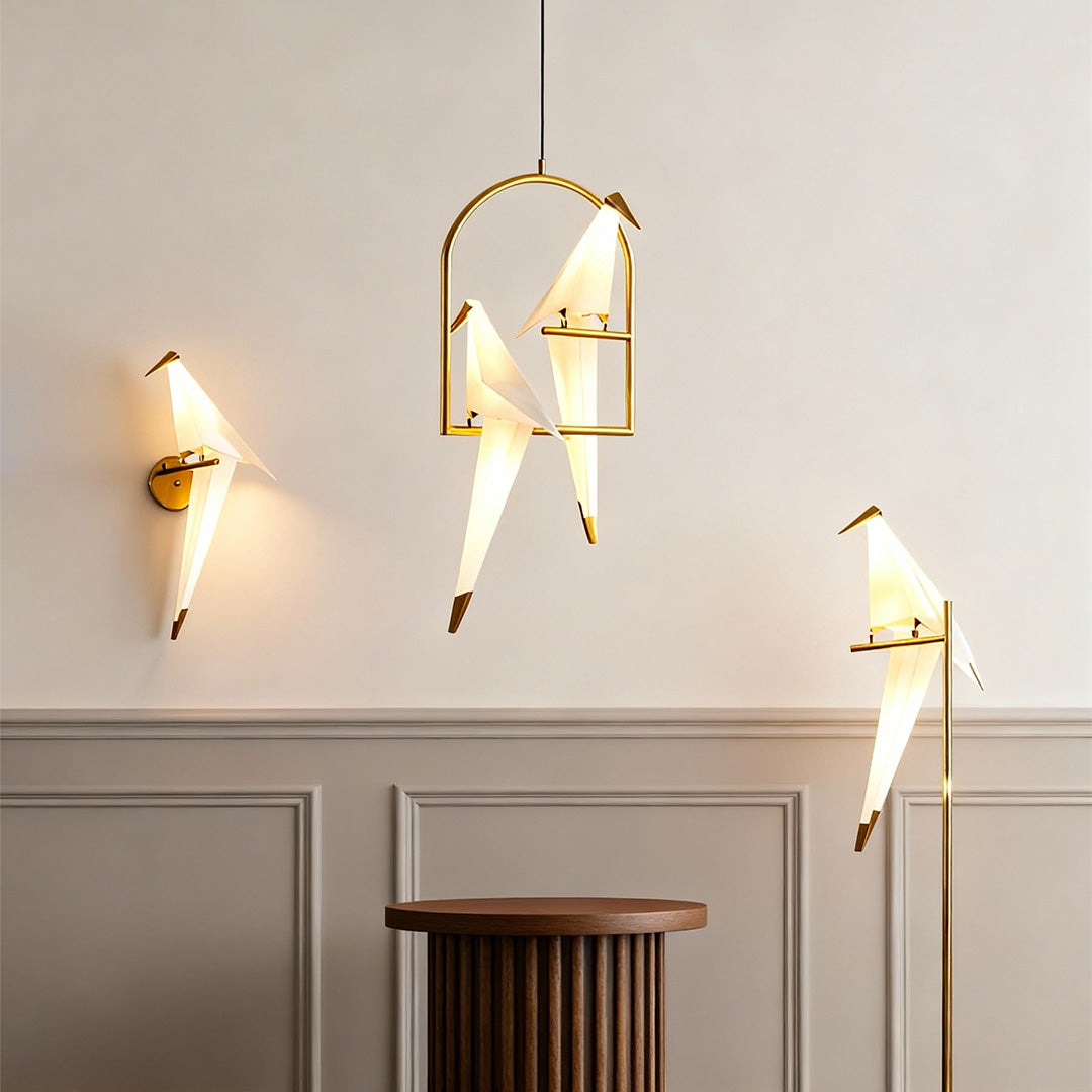 Bird wall light adding a modern touch to a living room with golden hoops and soft illumination.