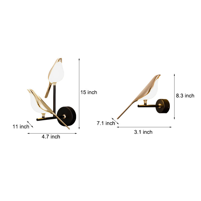 Bird wall light with labeled size and dimension measurements