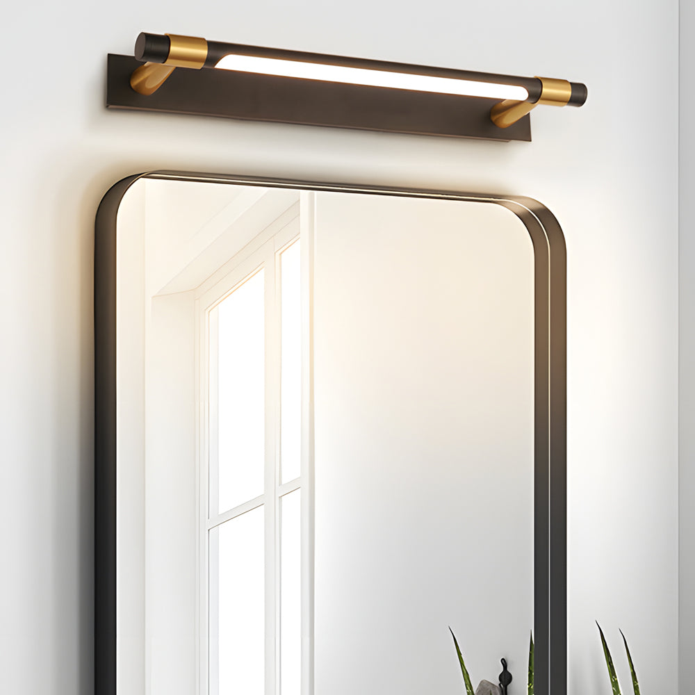 Black and gold vanity light with a close-up of the sleek, minimalist fixture.