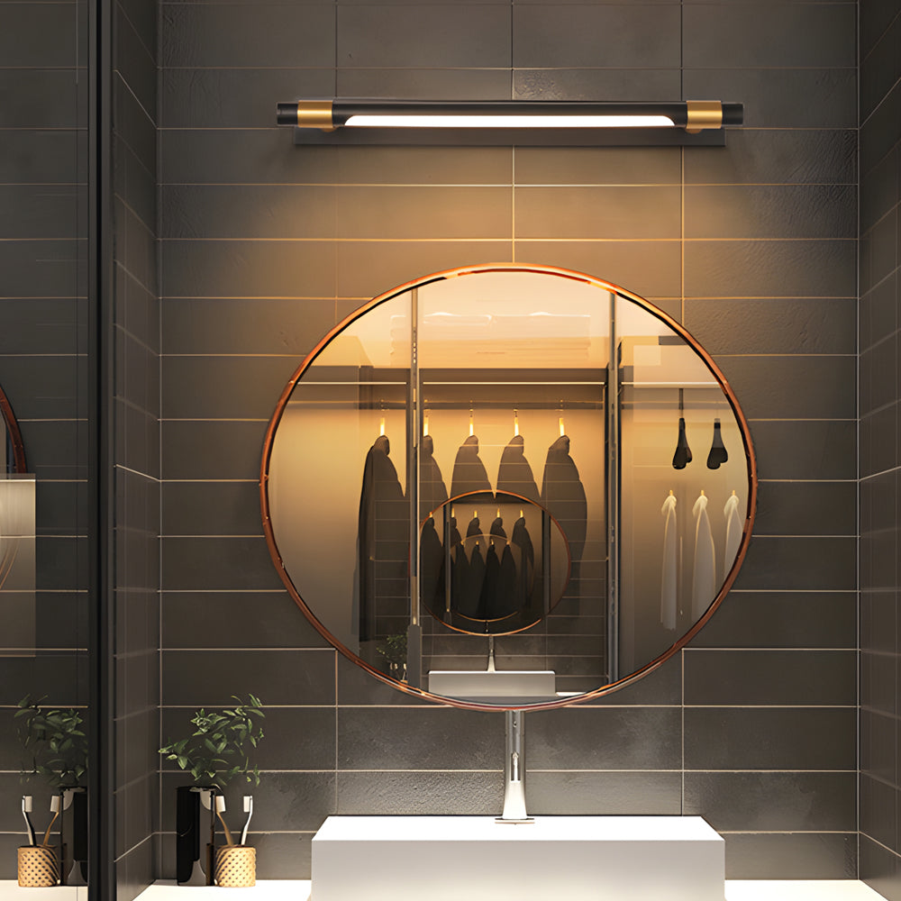 Black and gold vanity light enhancing a contemporary bathroom with sleek, luxurious design.
