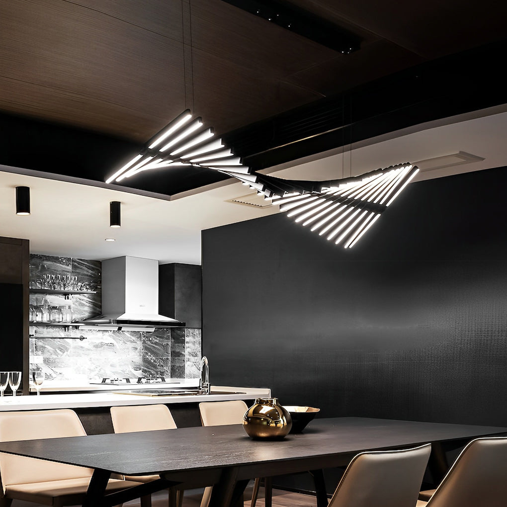 Black art pendants light with a linear design, enhancing the modern aesthetic of a dining room.