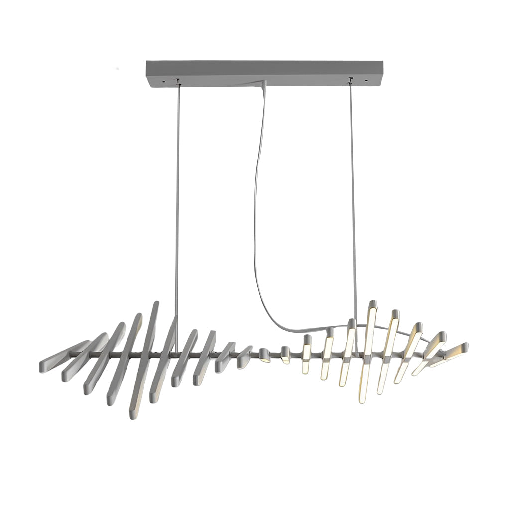 Black art pendants light fixture in a rustic dining hall, blending traditional and modern styles.