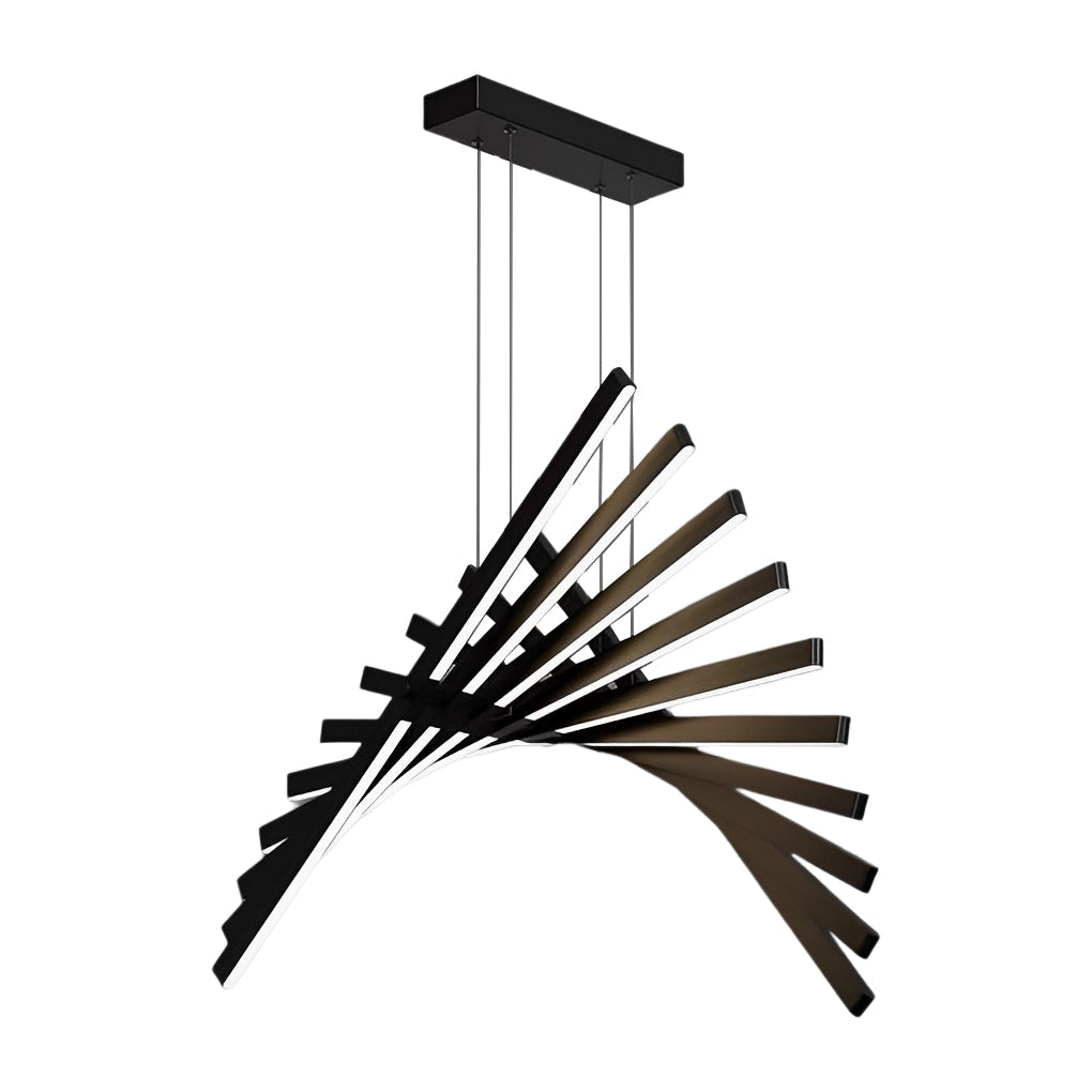 Black art pendants light hanging in a spacious hall, showcasing its artistic and modern appeal.