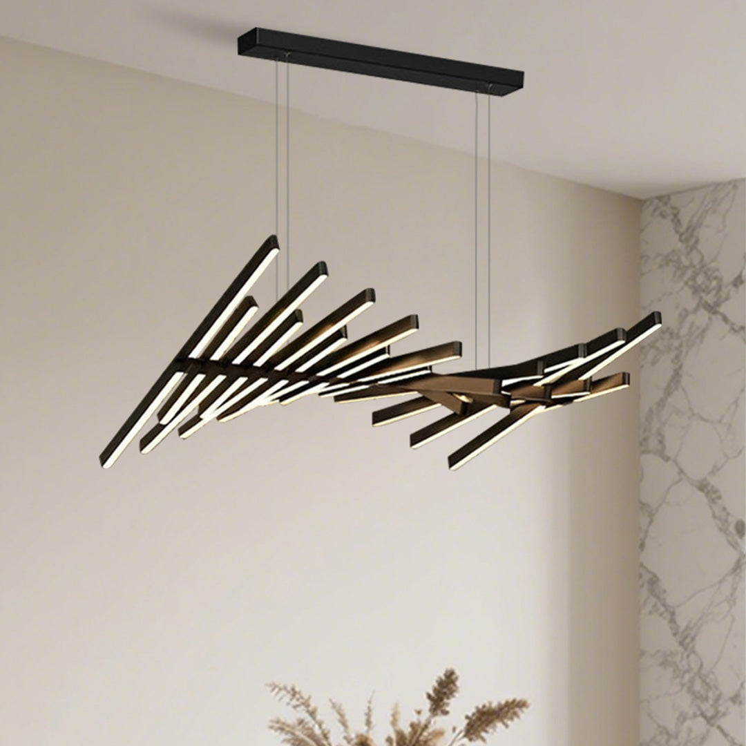 Black art pendants light with a unique rod arrangement, illuminating a stylish dining room.