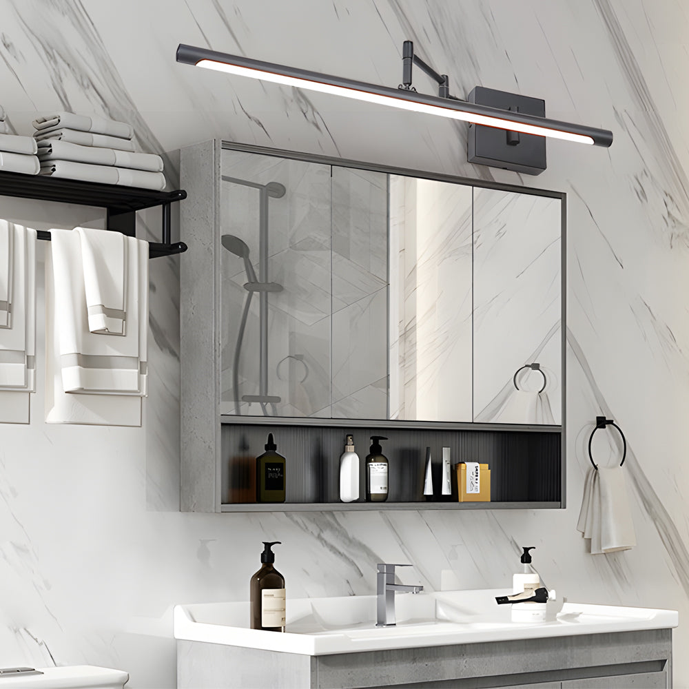 Black bar vanity light with adjustable arm over bathroom mirror