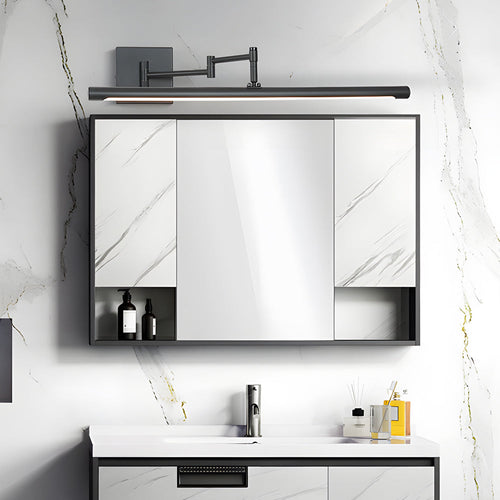 Black bar vanity light mounted above a modern bathroom mirror