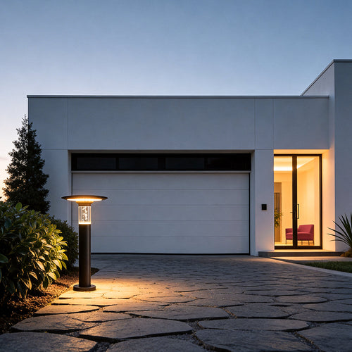 Black brass path lights enhancing a contemporary house entrance with elegant ambient light.