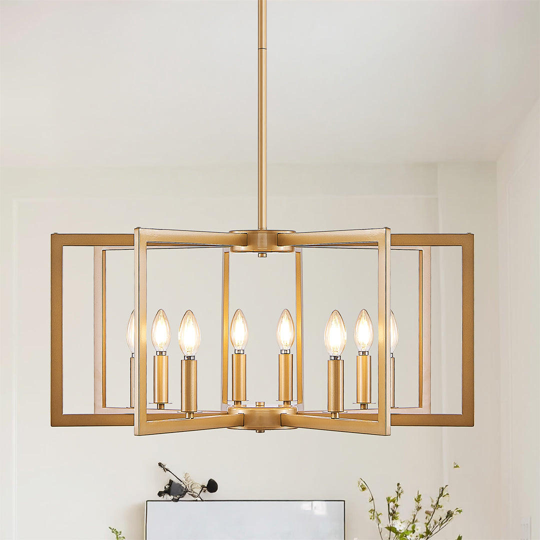 Stylish black candle chandelier brightening a spacious living room with tall windows.