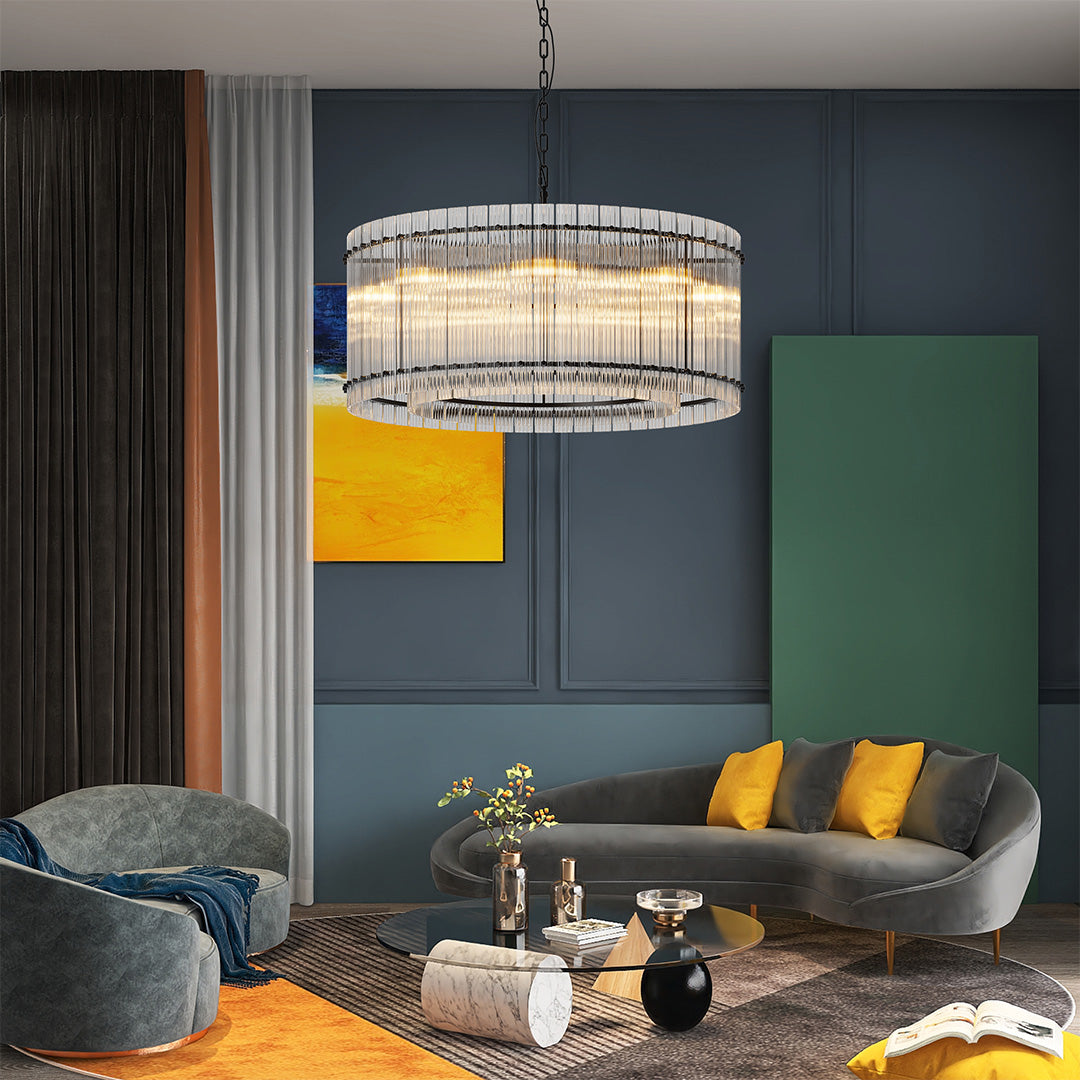 Black and crystal glass lamp shade chandelier adding contrast and sophistication to a colorful modern living room.