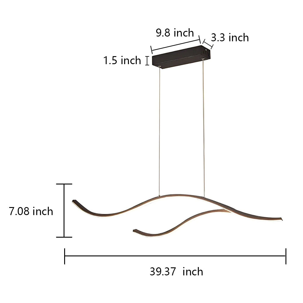 Technical diagram of balck curved LED pendant light showing dimensions and proportions.