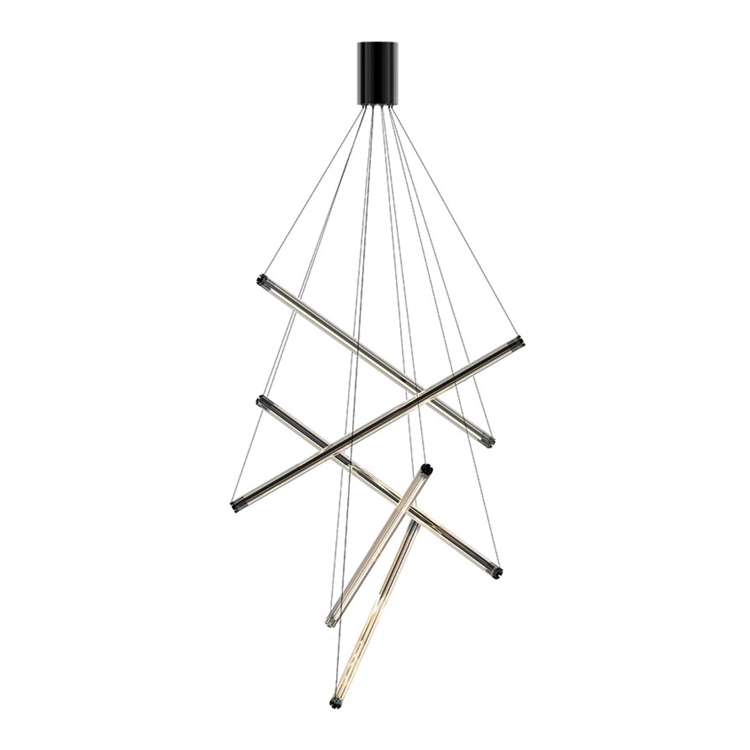 Black cylindrical base of a LED linear chandelier with gold bars, displayed against a dark background for contrast.